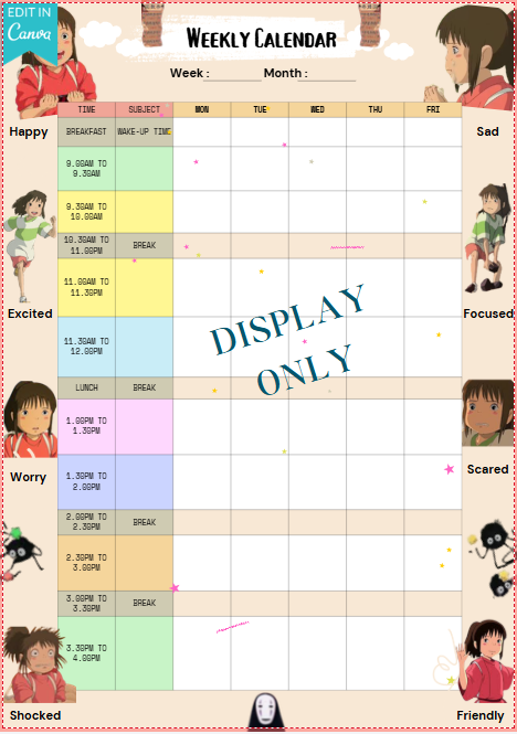 *** PDF  ONLY - Weekly Emotional Homeschool Calendar Template - Anime Themed ***