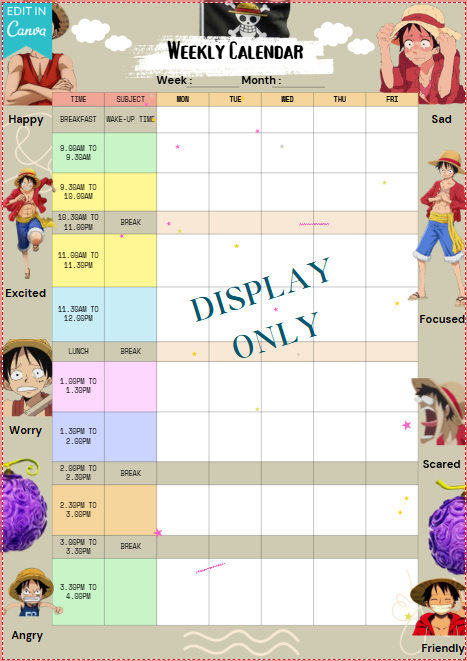 *** PDF  ONLY - Weekly Emotional Homeschool Calendar Template - Anime Themed ***