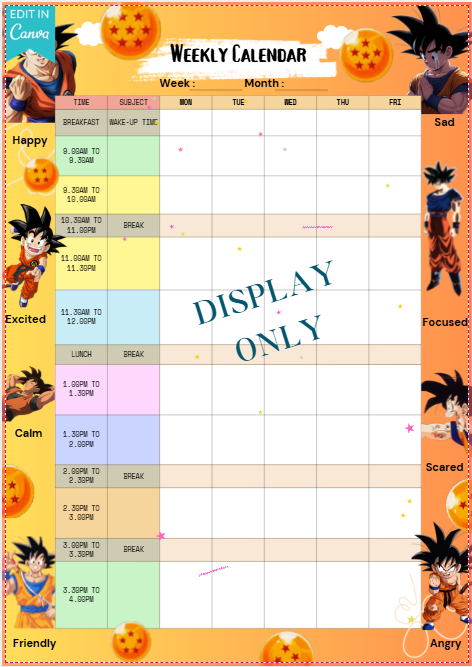 *** PDF  ONLY - Weekly Emotional Homeschool Calendar Template - Anime Themed ***