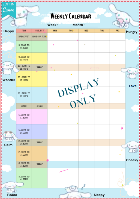 *** PDF  ONLY - Weekly Emotional Homeschool Calendar Template - Anime Themed ***