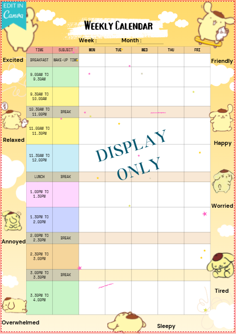 *** PDF  ONLY - Weekly Emotional Homeschool Calendar Template - Anime Themed ***